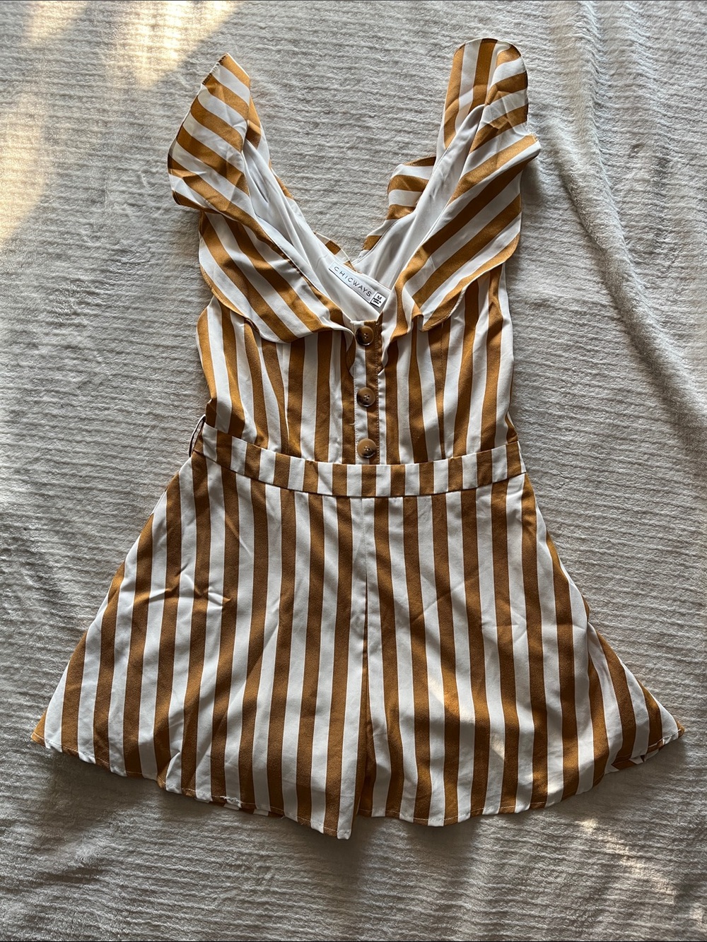 Striped V-Neck Ruffled Romper in Mustard and White